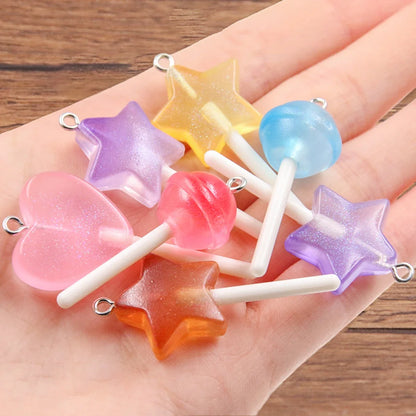 10pcs 3D Candy Charms - Star, Heart & Lollipop Pendants for DIY Keychains, Bracelets, Earrings & Jewelry Making