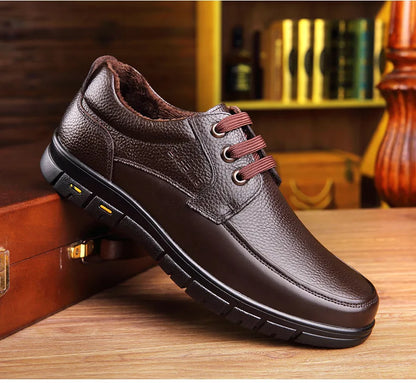 Men's Genuine Leather Casual Shoes - Soft Sole Lace-Up Loafers, Luxury Brand for Middle-Aged & Older Adults, Lightweight Dad Shoes