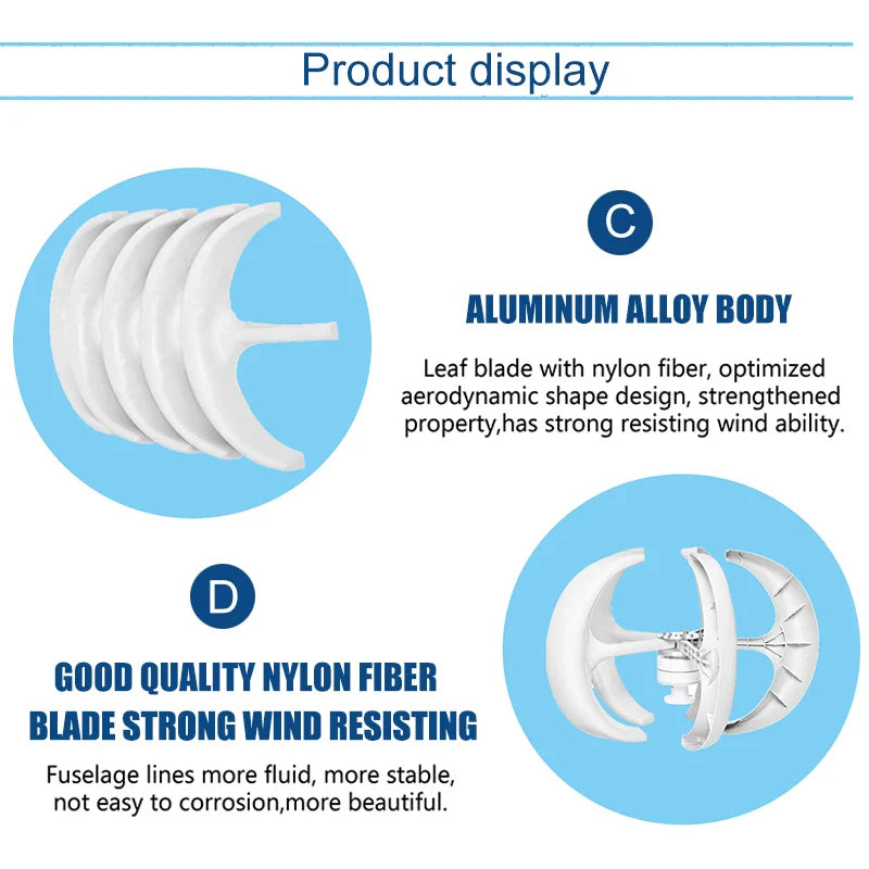 3000W Vertical Wind Turbine – 12V/24V/48V Small Windmill with 220V Output for Home & Farm, Includes MPPT Controller