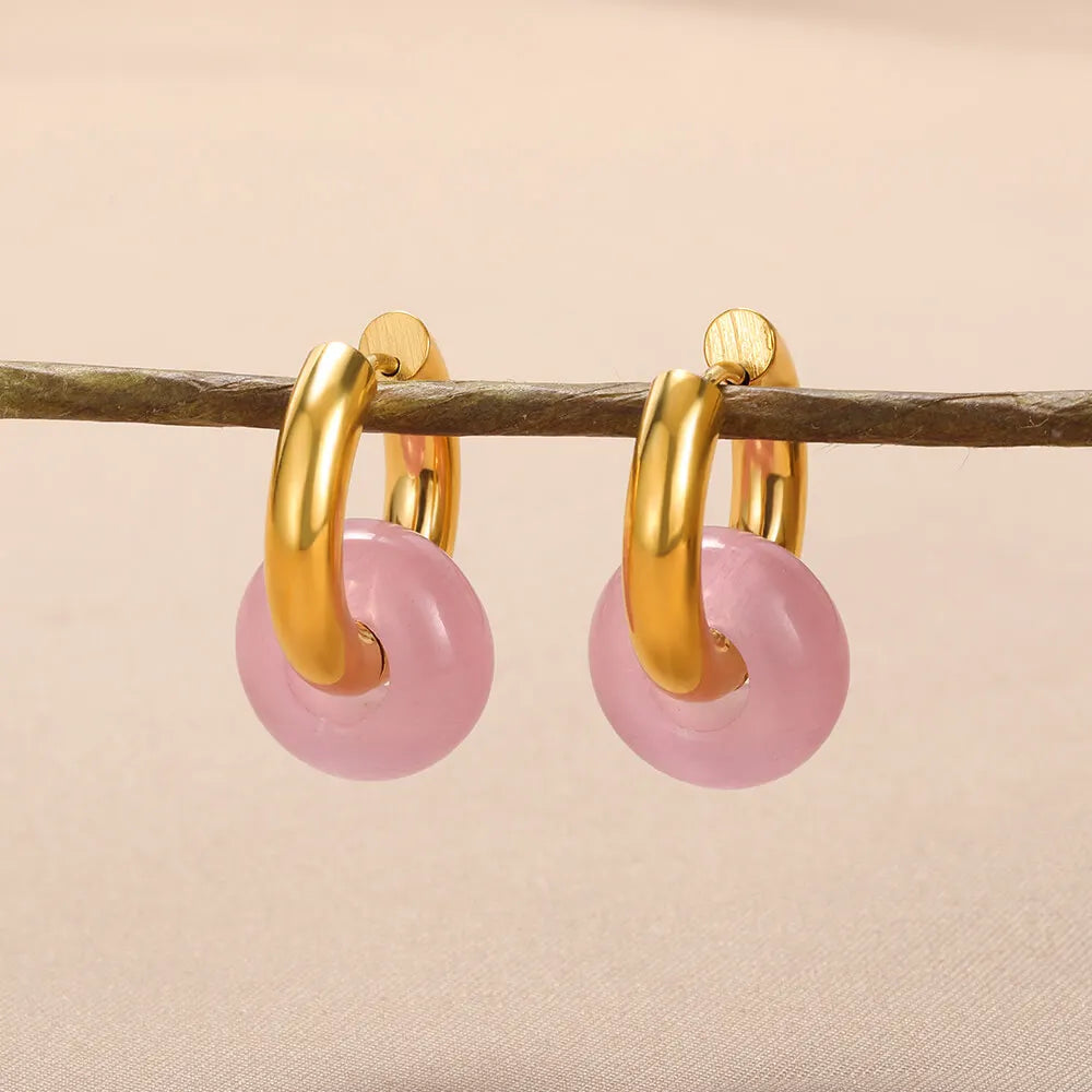Leopard Bead Opal Stainless Steel Hoop Earrings — Gold Color, Anti-Fading Wedding & Prom Jewelry for Women, Gift Accessory