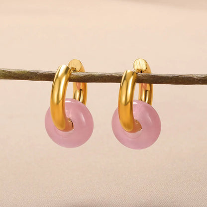 Leopard Bead Opal Stainless Steel Hoop Earrings — Gold Color, Anti-Fading Wedding & Prom Jewelry for Women, Gift Accessory