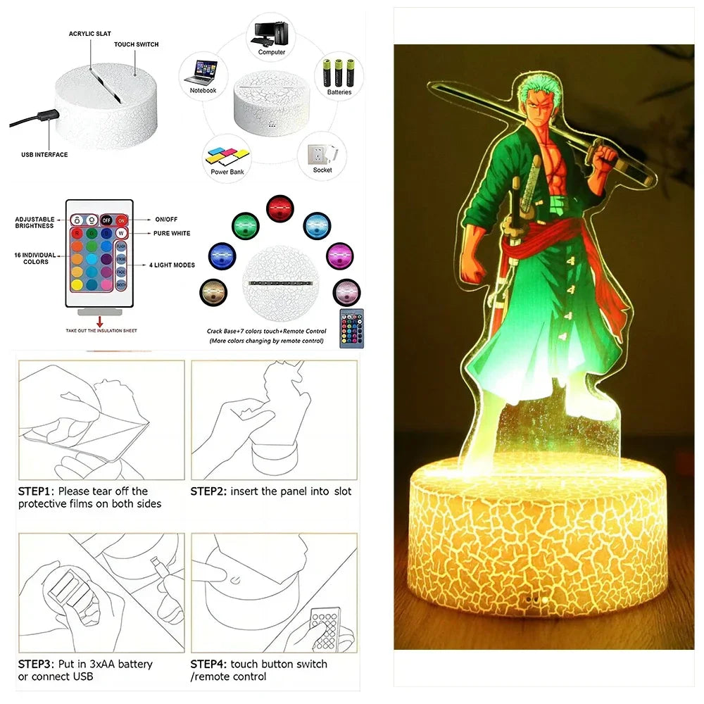 One Piece Luffy & Zoro Action Figures — 3D PVC Anime Lamp, LED Night Light Collectible Toy, Christmas Gift for Kids