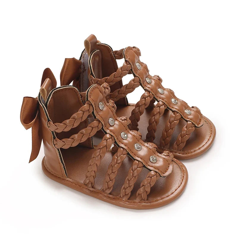 Baby Girl Bowknot Sandals - PU Leather Braided Non-Slip Summer Flats for Toddlers
