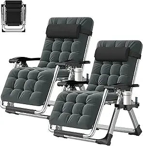 Set of 2 Zero Gravity Outdoor Lounge Chairs – Reclining Patio Sun Loungers with Cushion, Headrest & Cup Holder