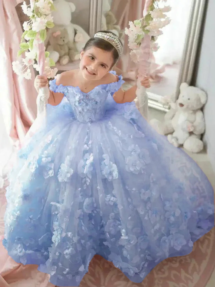 Pink Flower Girl Dress - 3D Floral Applique Pearl Tulle Gown for Weddings & Parties