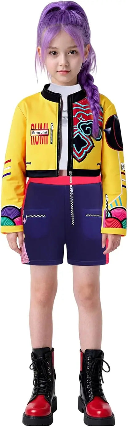 Kpop Rumi Zoey Mira Party Girls Demon Hunters Cosplay – Jacket and Shorts Outfit for Kids’ Halloween and Singer Costume