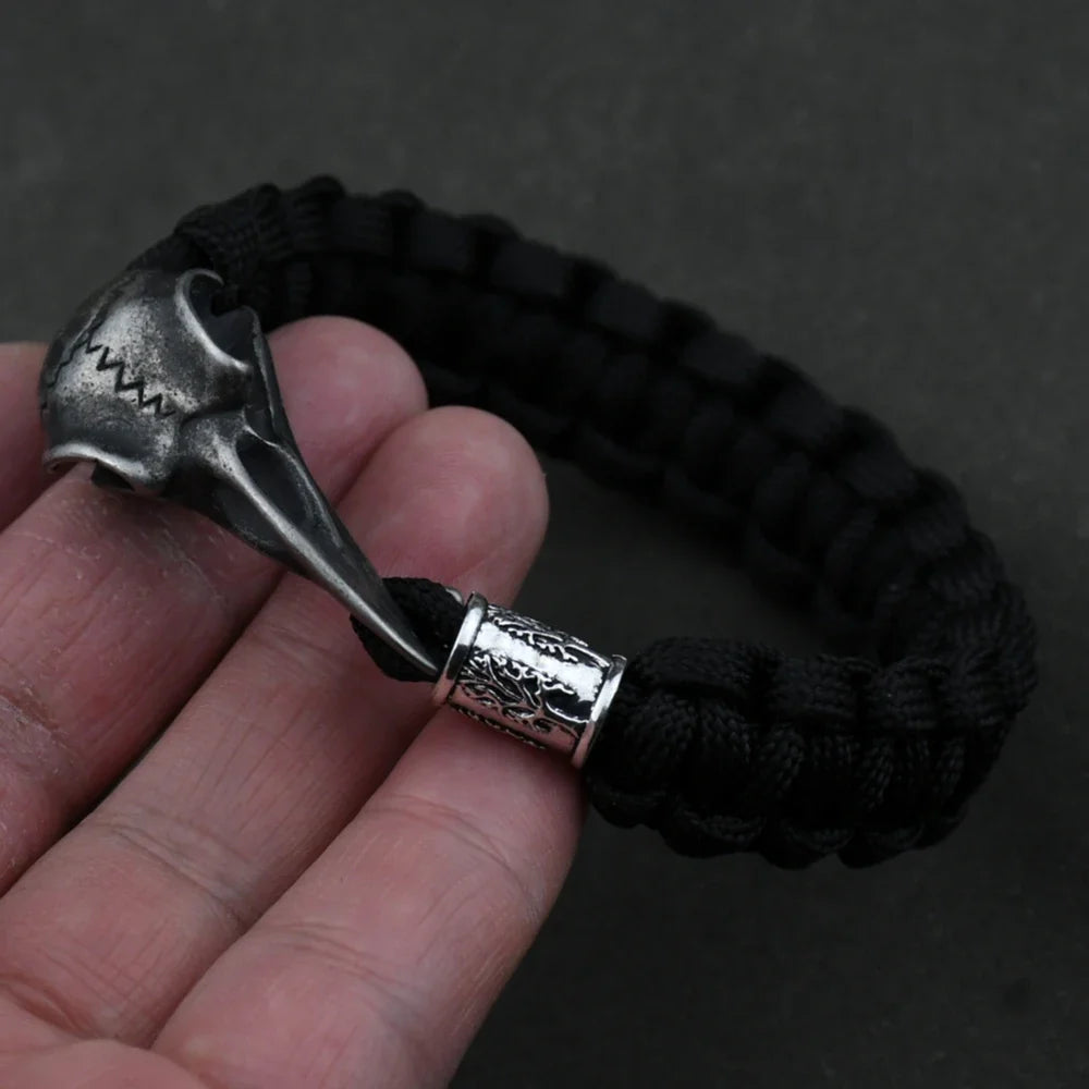 Odin Crow Skeleton Viking Bracelet - Norse Rune Bead Paracord Rope Valknut Eagle Pendant Amulet Jewelry Gift
