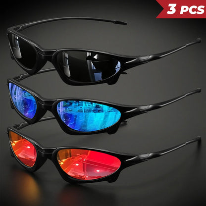 3PCS Futuristic Sports Sunglasses Set – Small Frame Wraparound UV400 Eyewear | Colorful Cycling, Fishing & Travel Protective Outdoor Sunglasses