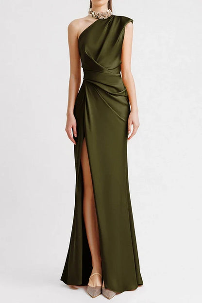 Women’s Solid Color Long Dress – Slanted Collar, Raglan Sleeves, Pleated Waist, Retro Elegant Commuting Style