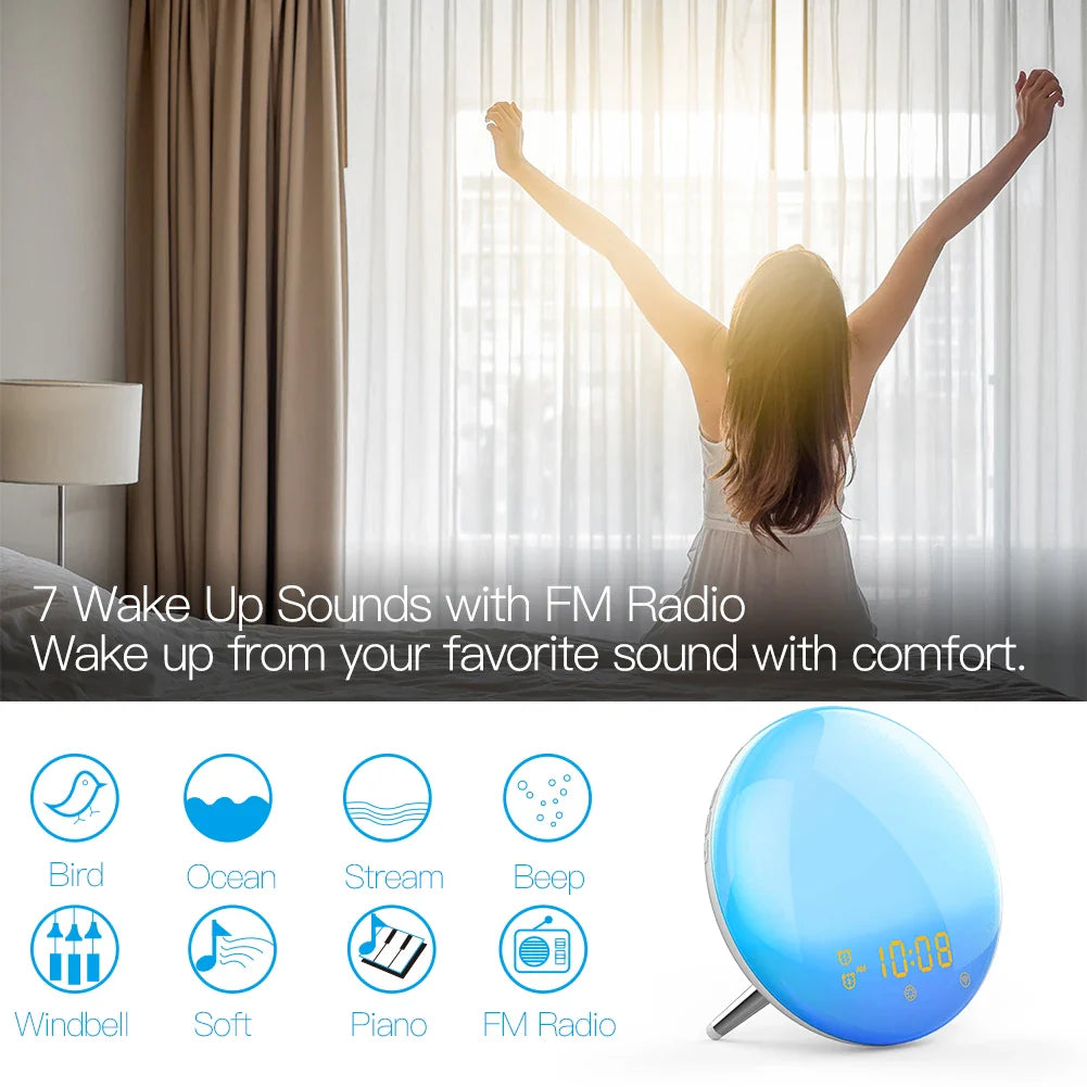 WiFi Smart Wake-Up Light Alarm Clock – 7-Color Sunrise/Sunset, Tuya App Compatible with Alexa & Google Home