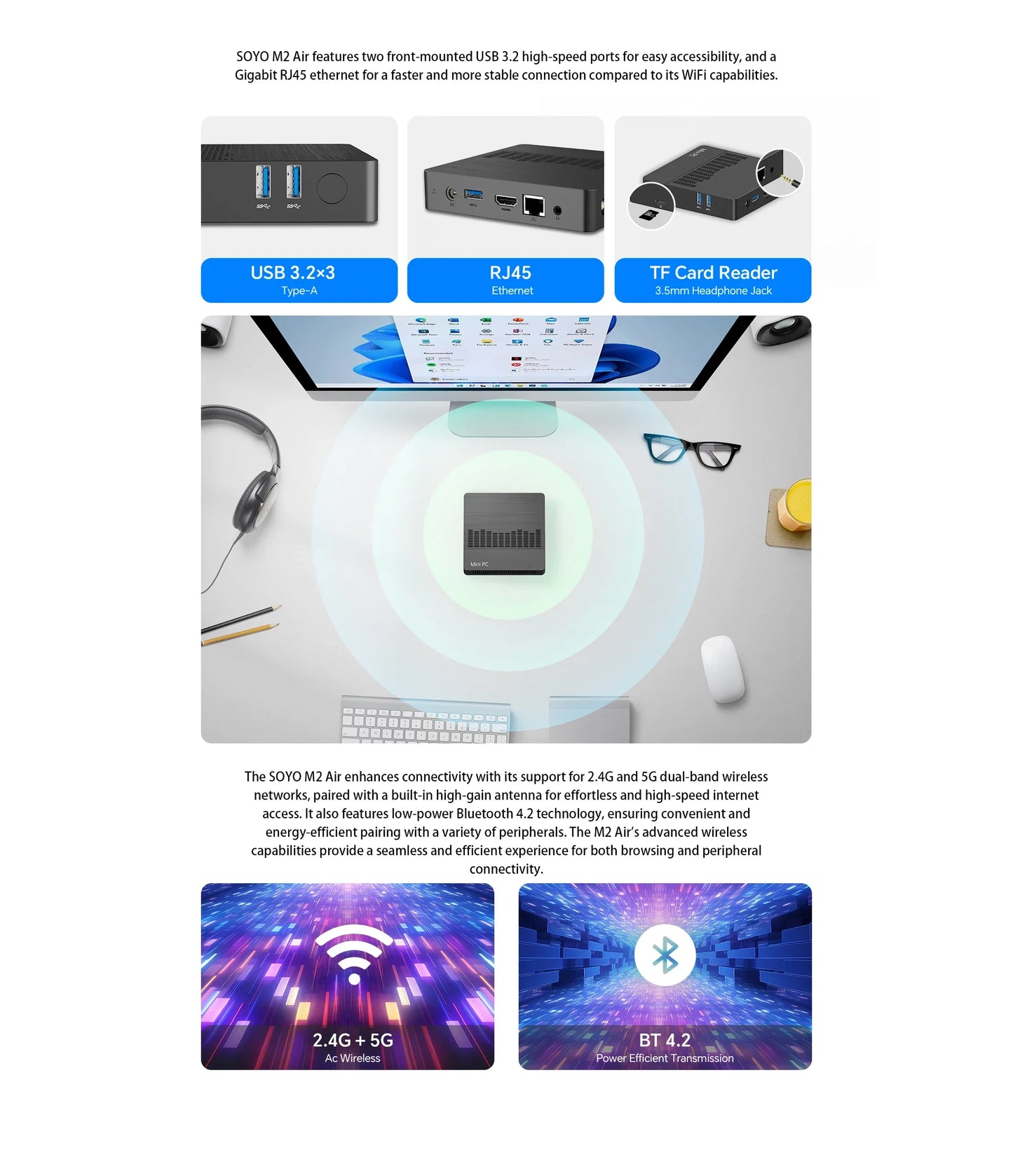SOYO M2 Air Mini PC — Intel N4000, 6GB RAM, 128GB eMMC, Windows 11 Pro, Compact Desktop for Home, Business & Gaming