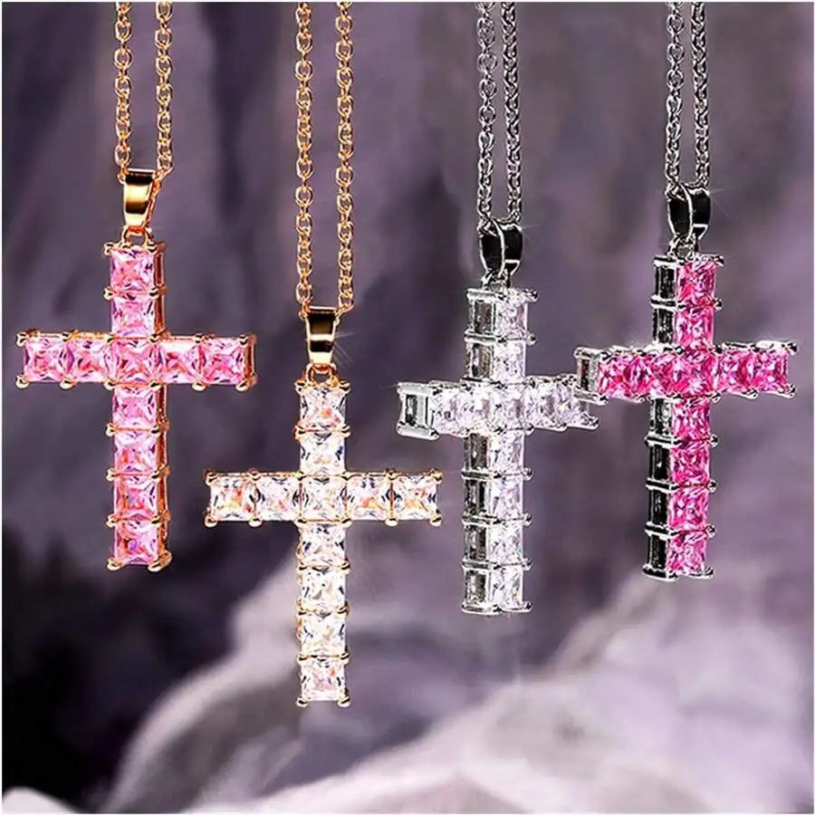 Fashion Gold Necklace for Women – Multi-Color Crystal Jesus Cross Pendant, Party & Leisure Jewelry