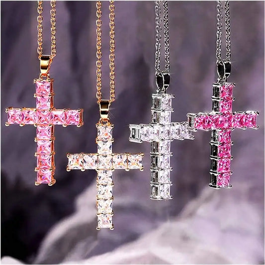 Fashion Gold Necklace for Women – Multi-Color Crystal Jesus Cross Pendant, Party & Leisure Jewelry