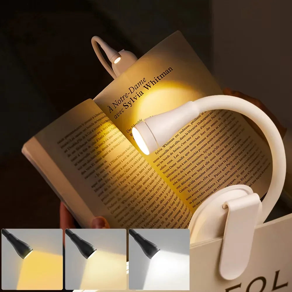 Mini LED Book Light – Adjustable Clip-On 360° Flip Eye Protection Lamp, Rechargeable 3-Color Reading Light for Travel & Bedroom