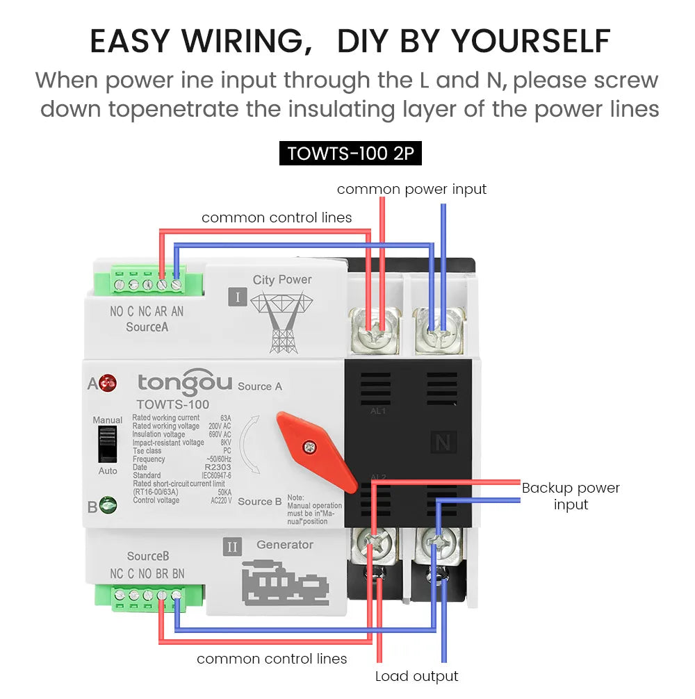TONGOU Din Rail ATS Dual Power Automatic Transfer Switch – 2P 3P 4P Electrical Selector, Uninterrupted Power, 63A-100A Mini
