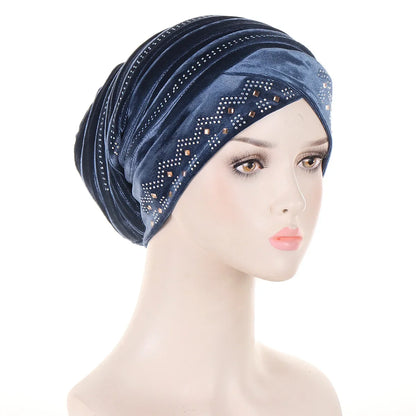 Women’s Glitter Diamond Turban Cap - Soft Velvet Pleated Head Wrap Muslim Headscarf Bonnet Beanie Cap