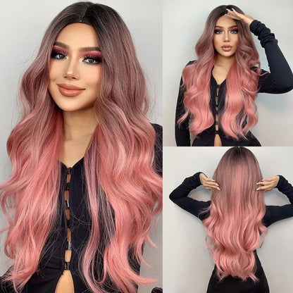 Long Pink Wavy Wig for Women — Middle Part Synthetic Hair, Heat-Resistant, Natural-Looking Cosplay Wig