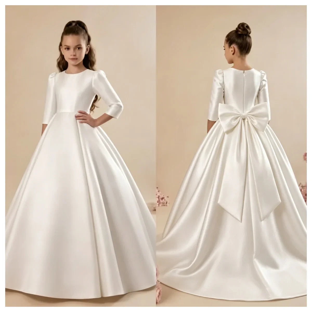 Girls First Communion Satin Dress - Long Sleeve A-Line Princess Gown for Weddings & Parties