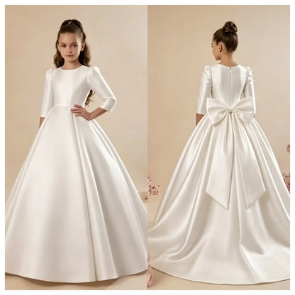 Girls First Communion Satin Dress - Long Sleeve A-Line Princess Gown for Weddings & Parties