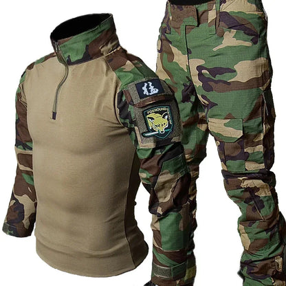 Men’s Camo Tactical Uniform Set | Ripstop Airsoft Suit with Multi-Pocket Pants & Training Shirt for Hunting or Paintball