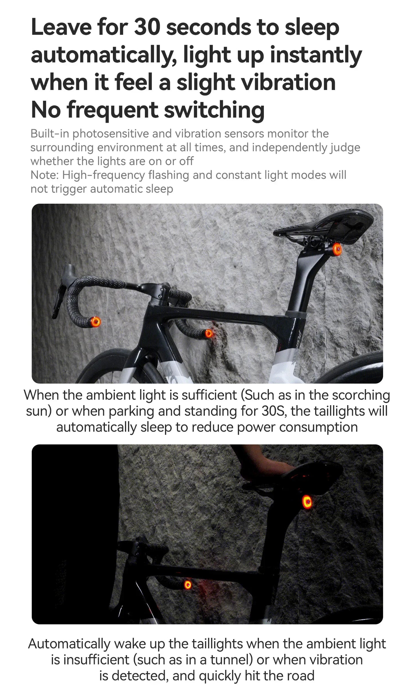 ROCKBROS Bicycle Handlebar End Lights – IPX6 Waterproof Rear Bike Lamp with 5 Modes & Brake Sensor