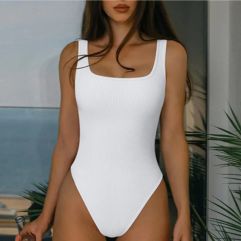 GUUDIA Ribbed Tummy Control Jumpsuit – Light Compression Daily Shaper Bodysuit with Open Crotch Shapewear Design