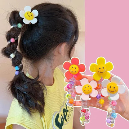 1PC Lovely Beaded Big Flowers Elastic Spiral Hair Rope – Ponytail Hair Ring Rubber Band Headband for Kids