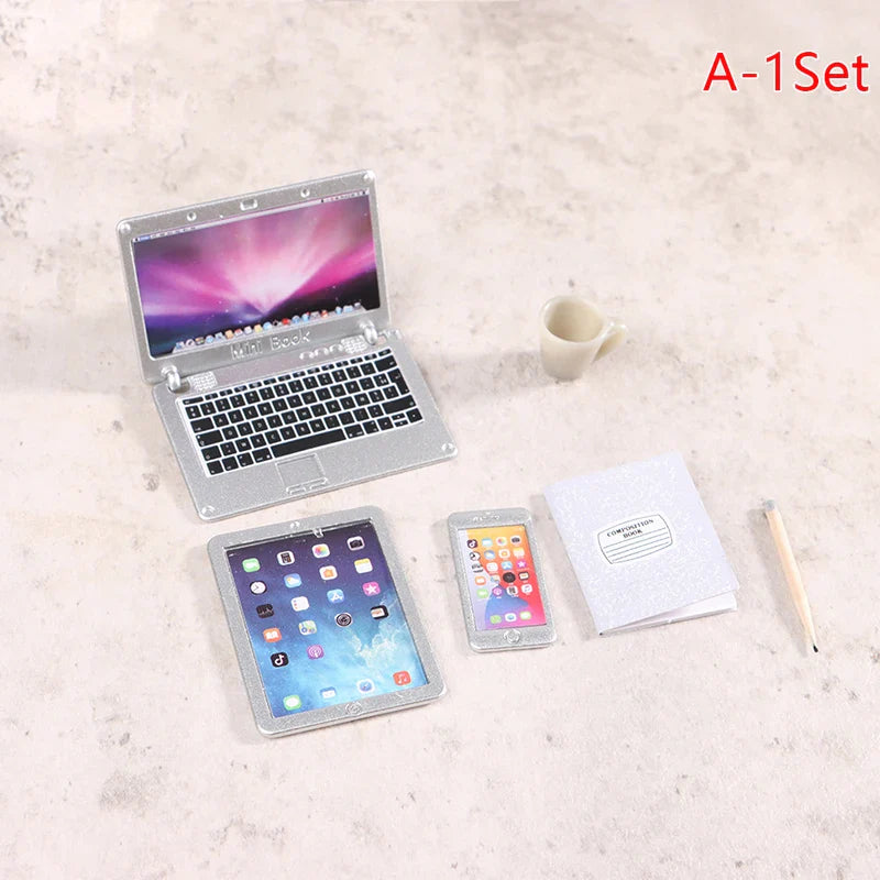 6–7PCS 1:12 Dollhouse Miniature Study Desk Set — Laptop, Phone, Tablet, Lamp & Books Scene Decor