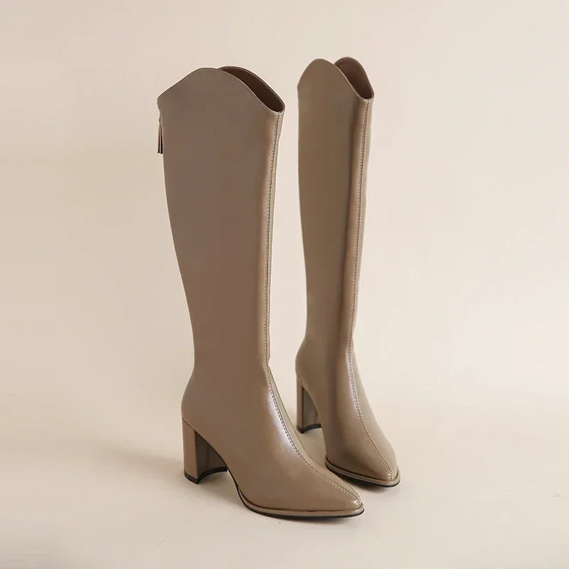 Plus Size 34-43 Women's Knee-High Boots – Zipper Thick High Heels for Autumn & Winter