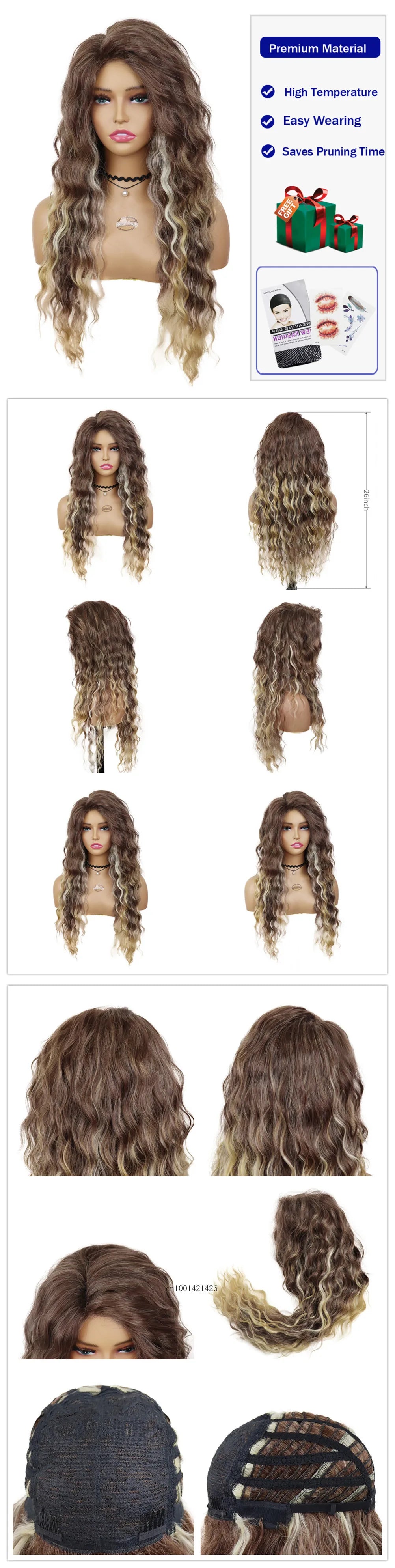 Ash Blonde Synthetic Wig – 26" Long Curly Ombre Hair, Fluffy Wave Wig for Women, Costume & Party Wig
