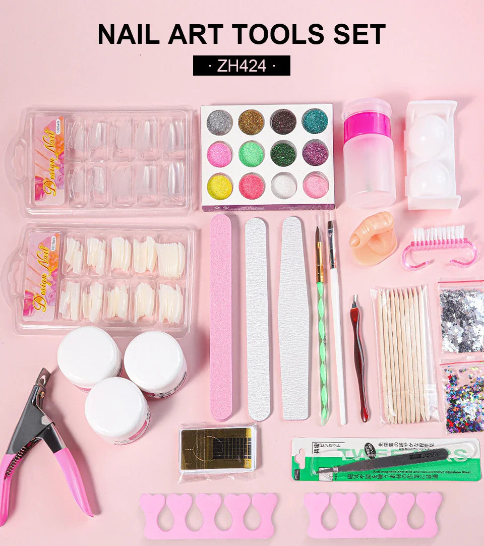 Nail Acrylic Powder and Liquid Monomer Kit – Crystal Nail Glitter, 3D Nail Tips, Carving Tools for Nail Art Decoration