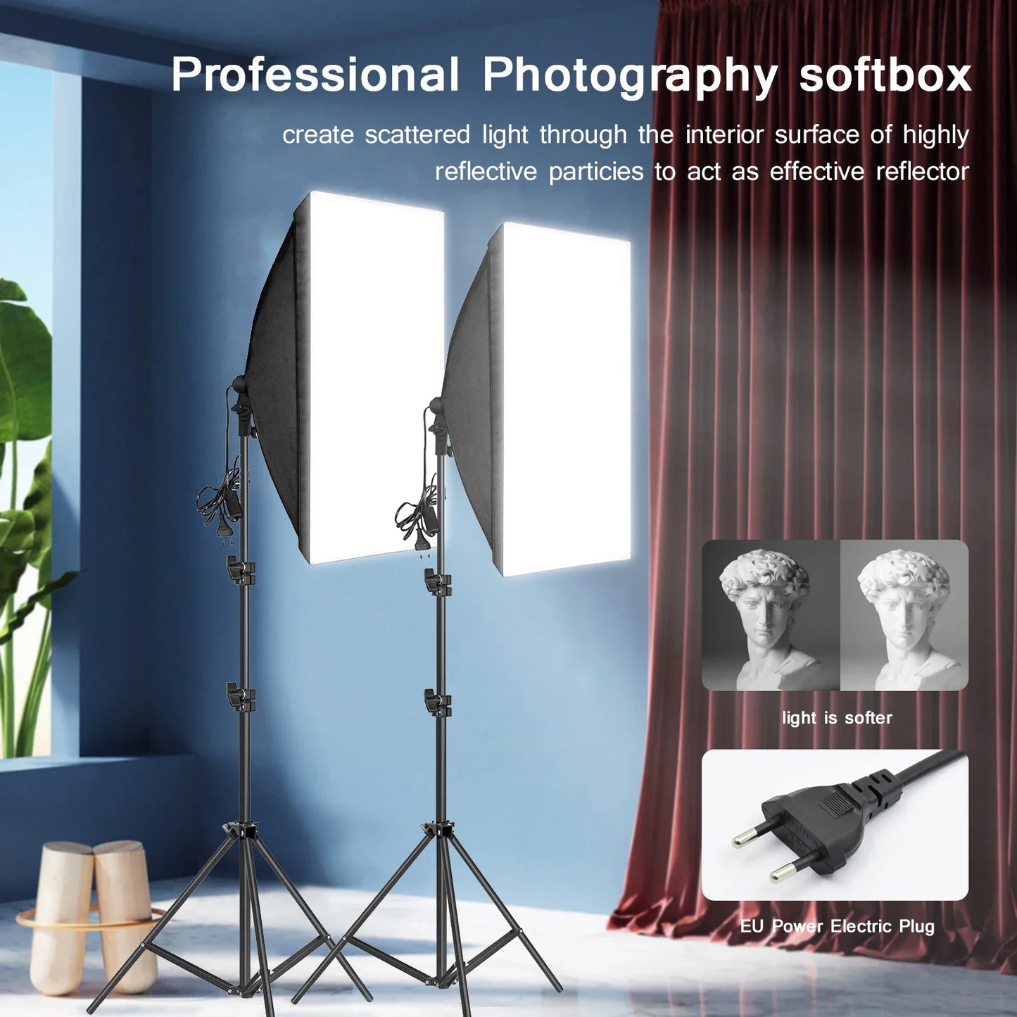 Professional Photography Softbox Lighting - Soft Box with Tripod, E27 Photographic Bulb, Continuous Light System for Photo Studio