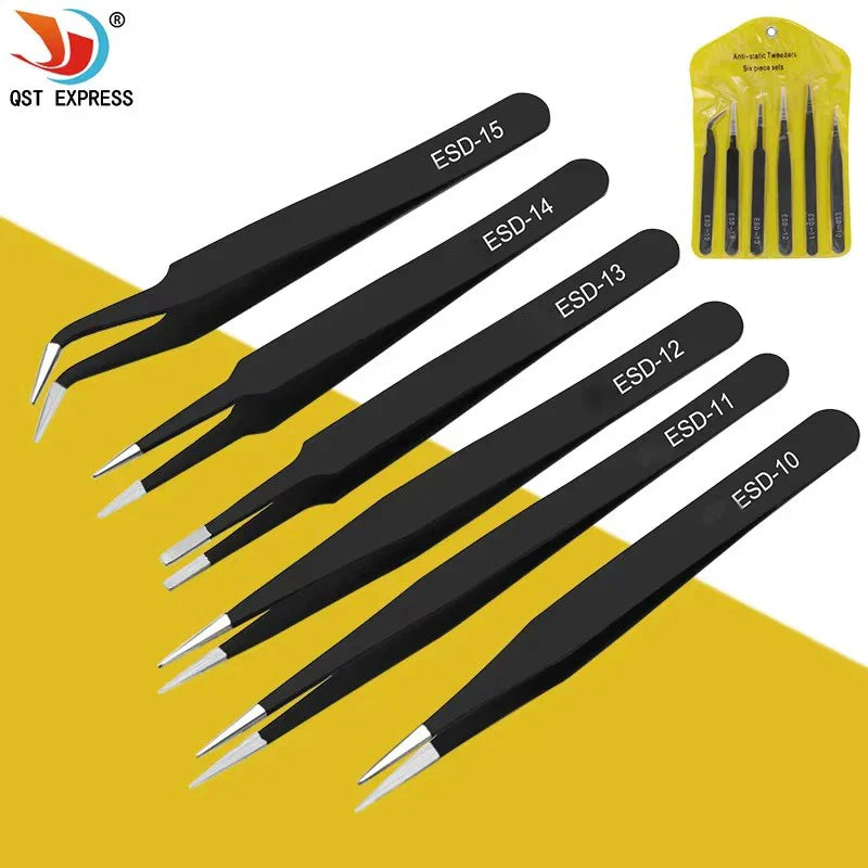 6PCS Anti-Static Stainless Steel Tweezers Set — Repair & Model Making Hand Tools