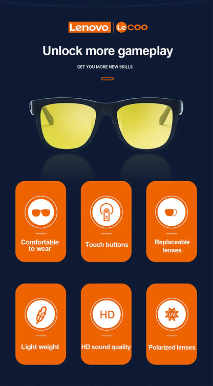 Lenovo Lecoo C8 Lite Bluetooth 5.3 Sunglasses – Wireless HiFi Earphones, HD Calls, Anti-Blue Light for Outdoor & Driving