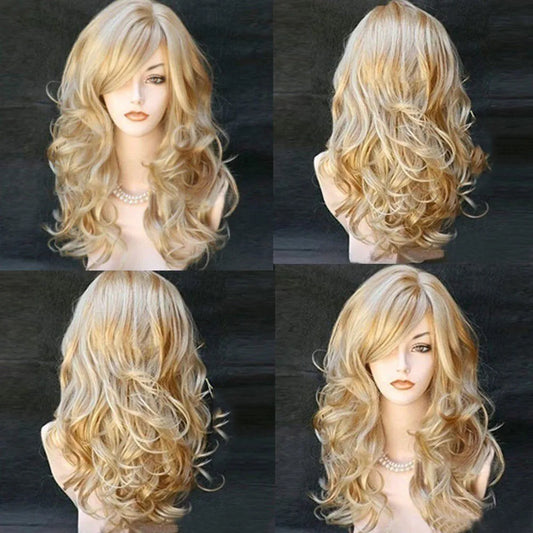 Blonde Wavy Curly Long Synthetic Wig – Heat-Resistant Fiber Costume Party Wig for Women