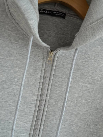 TRAFZA Autumn Women's Gray Jacket – Hooded, Long Sleeve, Zipper Coat with Big Pockets, Loose Casual Outerwear Tops