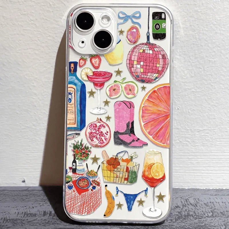 Summer Vibe Clear Phone Case — Soft Silicone Disco Ball & Fruit Design Cover for iPhone 7-16 Pro Max, Mini, XR, 11-15