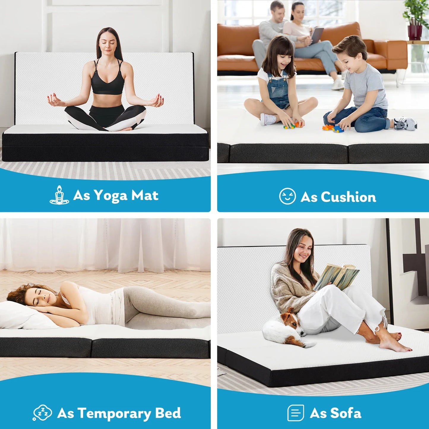 Three-Fold Portable Floor Bed – CertiPUR-US Certified, Soft Touch, Flexible Zipper for Travel, Camping & Yoga