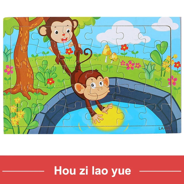30PCS Montessori Wooden 3D Cartoon Animal Puzzle – Educational Jigsaw Board Game for Kids