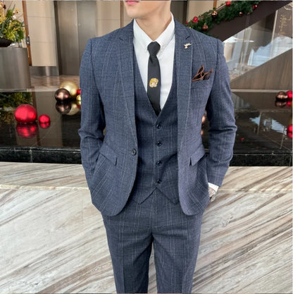 Men’s British Korean Plaid Three-Piece Suit – Stylish Business Casual Set with Blazer, Vest & Trousers