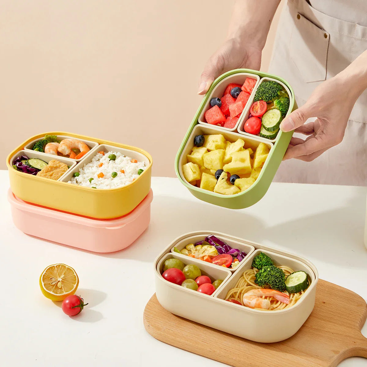 WORTHBUY 3-Grid Portable Lunch Box – Outdoor Sealed Divided Food Container, Detachable Plastic Microwave-Safe Box for Kids & Students