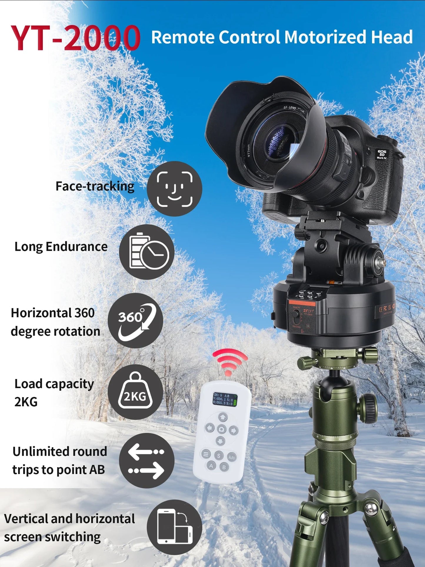 ZIFON YT2000 Remote Motorized PTZ - AI Face Recognition, 360° Horizontal Rotation for Camera, Smartphone & Action Camera Live Stream