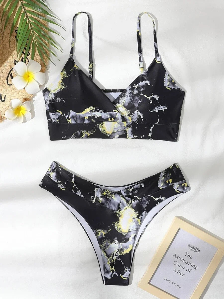 Women’s Marble Print Bandeau Bikini Set - Push Up High Waist Sport Swimsuit Beachwear