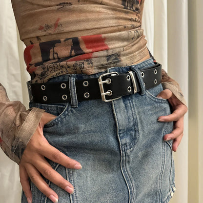 Women's Y2K Double-Hole Punk Belt - Adjustable Unisex Hip Hop Rock Style Punch-Free Waist Belt