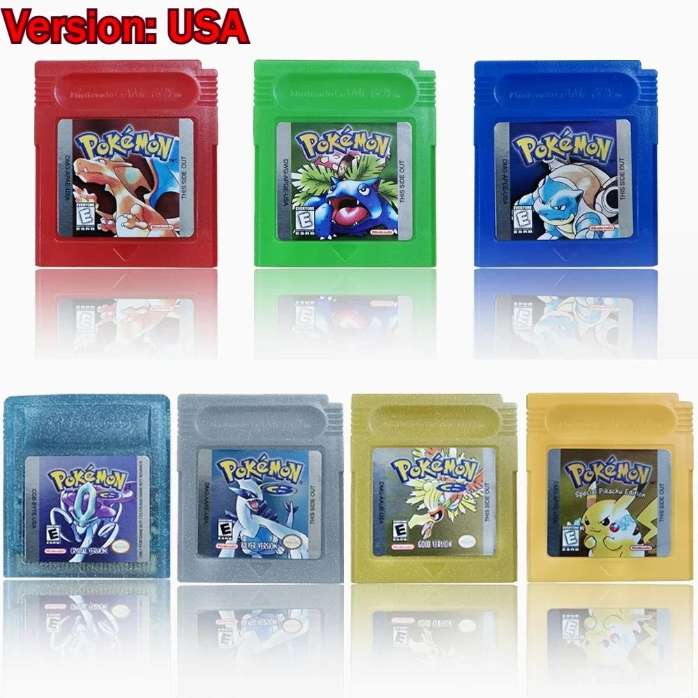 Pokemon GBC Game Cartridge - 16-Bit Video Game Card in Red, Blue, Crystal, Gold, Silver & Yellow Versions