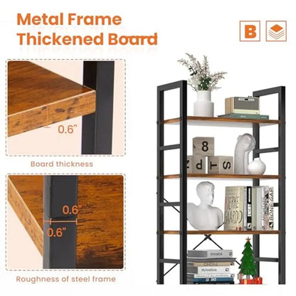 5 Tier Adjustable Bookshelf Organizer - Modern Wood & Metal Storage for Books, CDs, Movies, Garage Kits (23.62” x 11.81” x 62.2”)