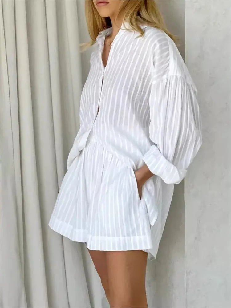 2024 Women’s Two-Piece Set – Solid Cotton Stripe Long Sleeve Shirt & Shorts, Spring/Summer Casual Outfit