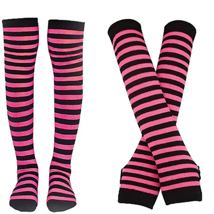 Women & Girls Over Knee Long Stripe Printed Thigh High Cotton Socks – Cute Plus Size Arm Sleeve Gloves & Overknee Socks