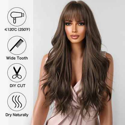 Brown Long Wavy Wig for Women with Bangs — Natural-Look Synthetic Hair, Heat-Resistant for Daily & Cosplay