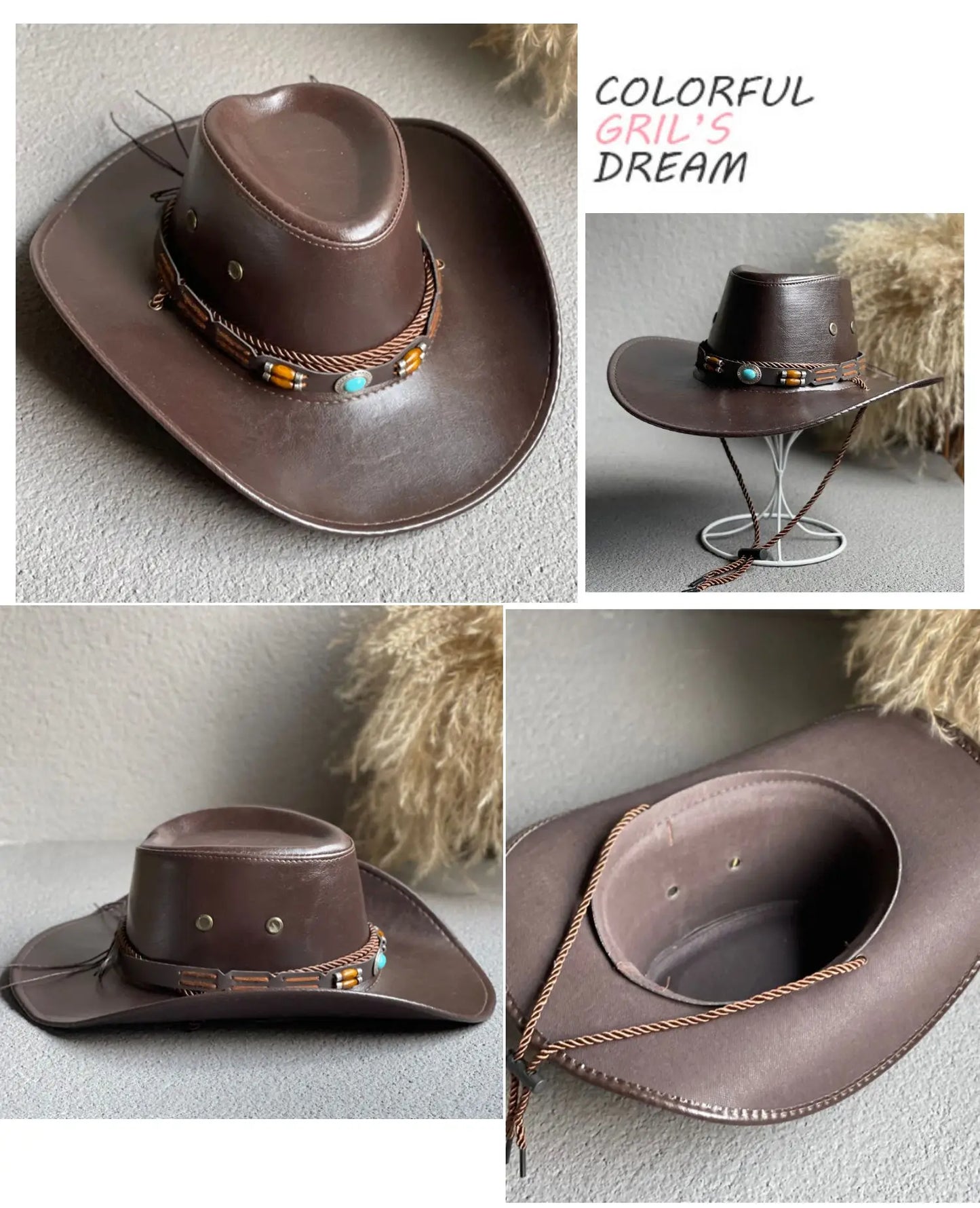 Faux Leather Western Cowboy Hat — Vintage Panama Sombrero Jazz Cap for Men & Women